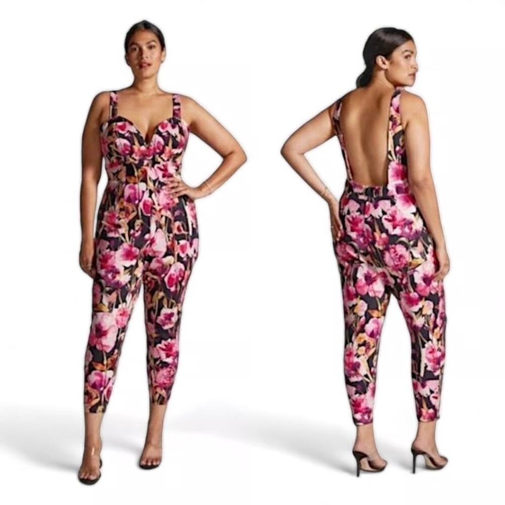 Anthropologie Women's Black & Pink Floral Fitted Stretchy Jumpsuit Size Large